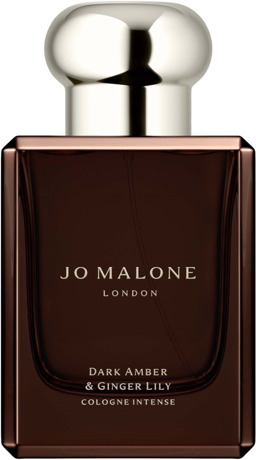 Tummanruskea hajuvesipullo, jossa hopea korkki, merkki 'Jo Malone London, Dark Amber & Ginger Lily, Cologne Intense.'