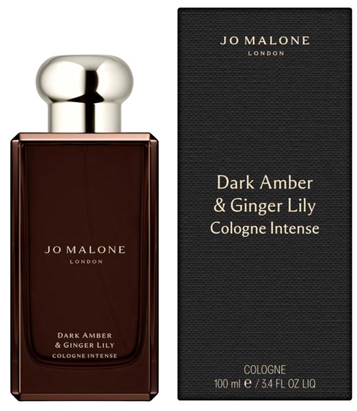 Hajuvesi ja laatikko, joissa lukee Dark Amber & Ginger Lily Cologne Intense, valmistaja Jo Malone.