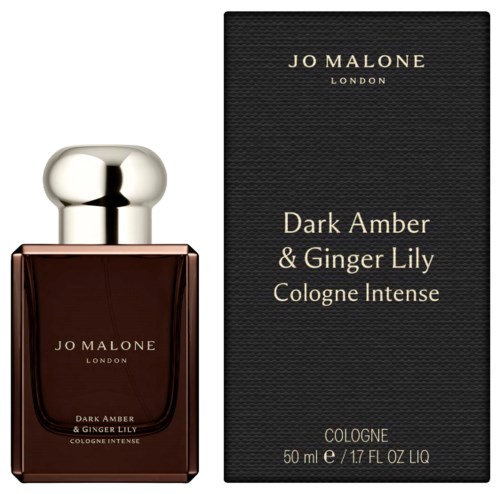 Hajuvesipullo ja runko musta ja ruskean värisin. Teksti mainitsee Jo Malonen, Dark Amber, Ginger Lily ja Cologne Intense.