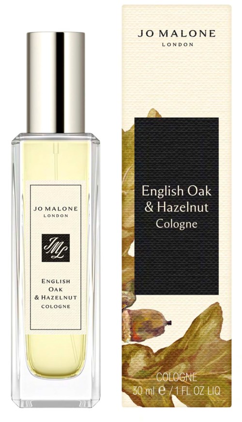 En parfyllflaska och förpackning för English Oak and Hazelnut Cologne från Jo Malone London, med enkel design.