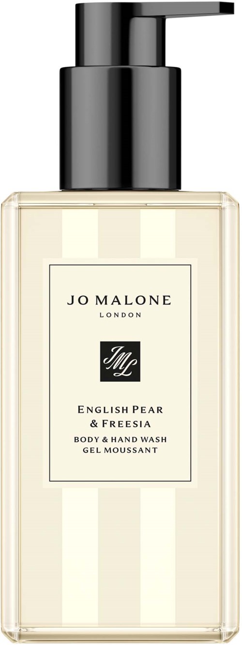 Puhdas pullo, jossa musta pumppu, merkinnässä 'Jo Malone London' kylpy- ja käsihuuhde, tuoksu on English Pear & Freesia.