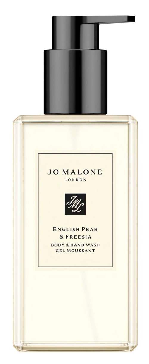 En klar pumpflaske for Jo Malone English Pear & Freesia kroppsvask med svart pumpe og etikett.