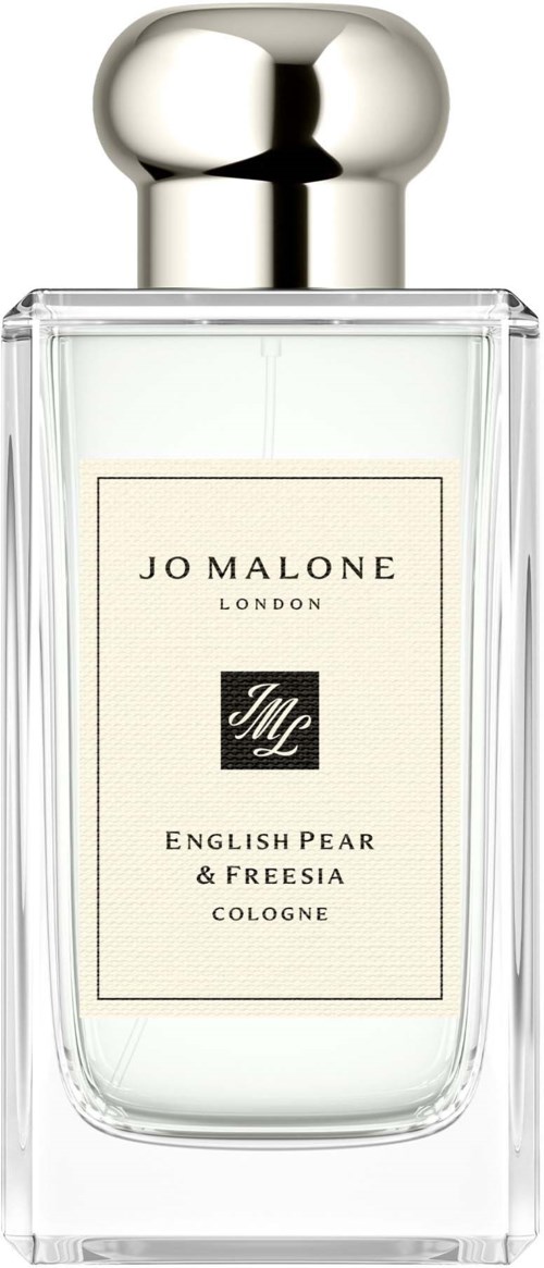 Läpinäkyvä lasipullo hopeanvärisellä korkilla, merkki Jo Malone London, English Pear & Freesia Cologne.