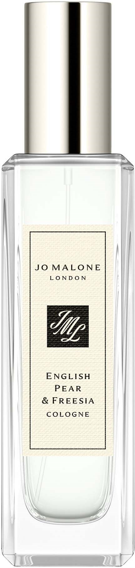 Läpinäkyvä lasipullo kultainen korkki, merkattu "Jo Malone London" ja "English Pear & Freesia Cologne."