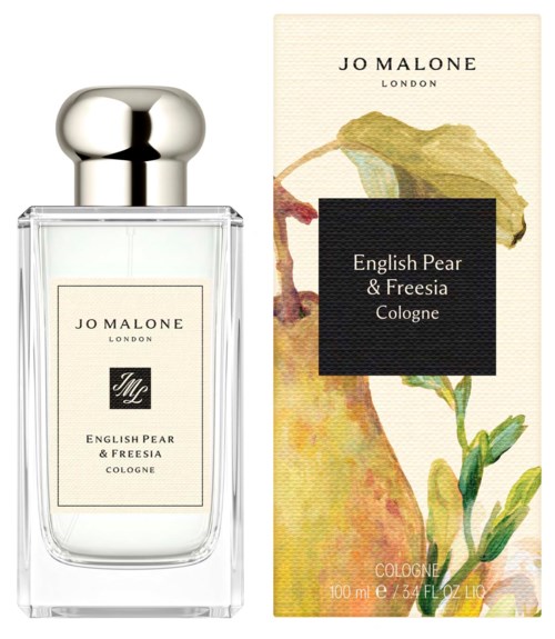 En parfymflaska och box med design av päron och freesia, märkt English Pear & Freesia Cologne av Jo Malone.