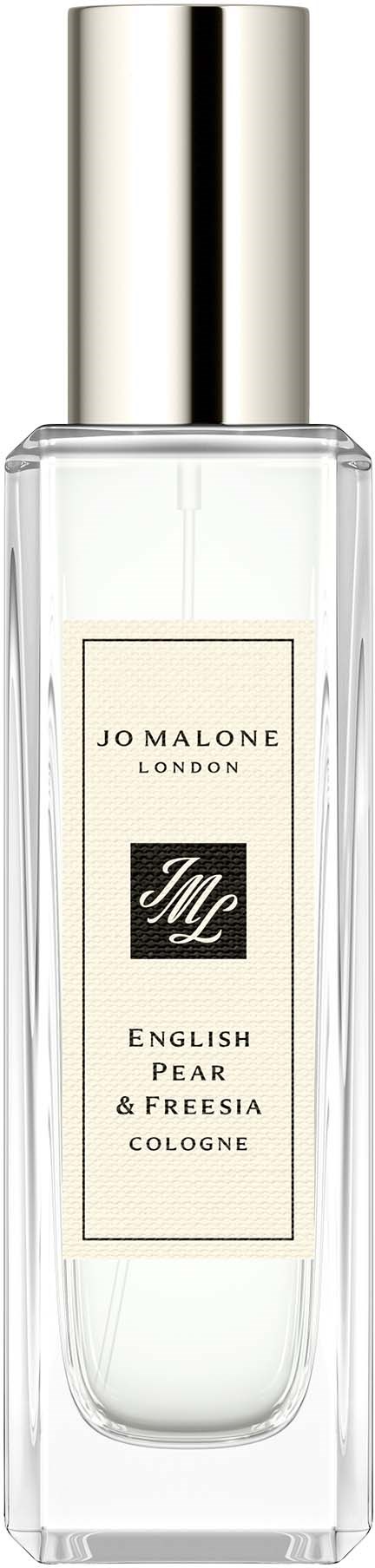 En tydlig glasflaska med vit etikett och silverkapsyl, innehållande Jo Malone London cologne med namnet English Pear & Freesia.