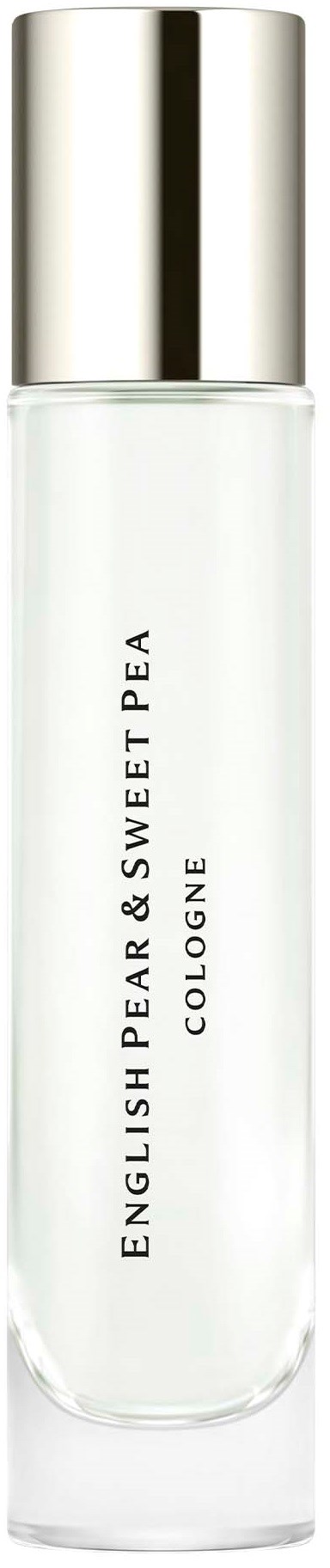 Selkeä hajuvesipullohopeakannen kanssa, merkinnällä 'English Pear & Freesia Cologne', mustan taustan edessä.