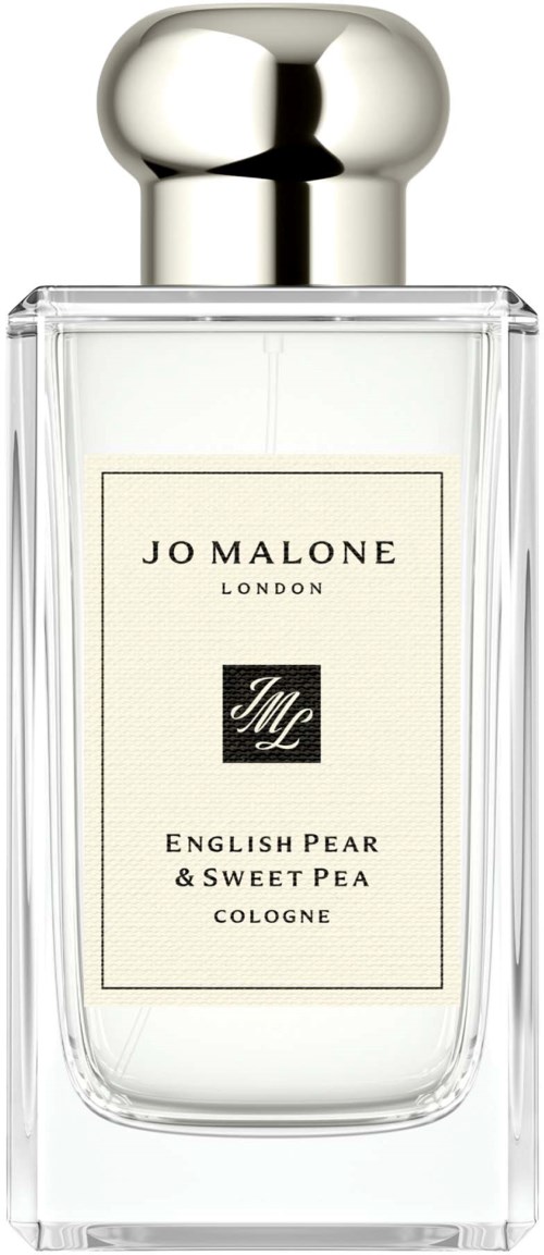 Läpinäkyvä parfyolipullo nimeltä Jo Malone, jossa on hopeinen korkki, etiketti English Pear & Sweet Pea.