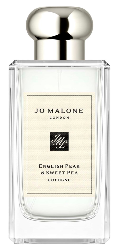 En klar glasflaska med en glänsande silverlock, märkt Jo Malone London English Pear & Sweet Pea cologne.