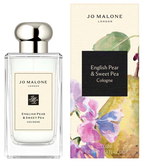 En flaska Jo Malone parfym med blommigt förpackningsdesign med färgglada blommor och blad.