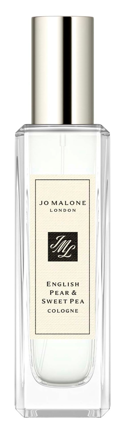 En klar parfymflaska med ett silverlock, märkt Jo Malone London English Pear and Sweet Pea Cologne.
