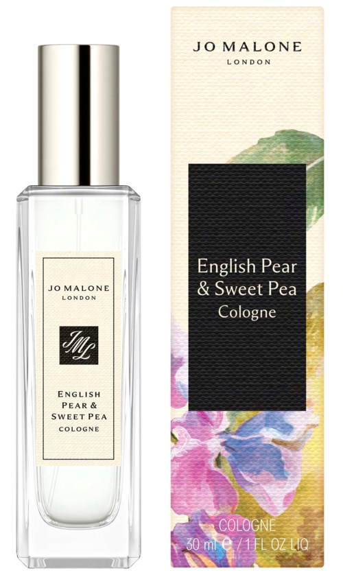 En parfyll flaska och låda för Jo Malone English Pear & Sweet Pea Cologne med blommönster på lådan.
