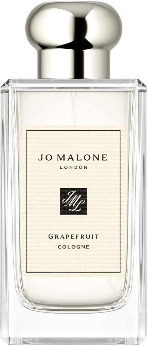 En klar glasflaska med silverhatt och en etikett som säger Jo Malone London Grapefruit Cologne.