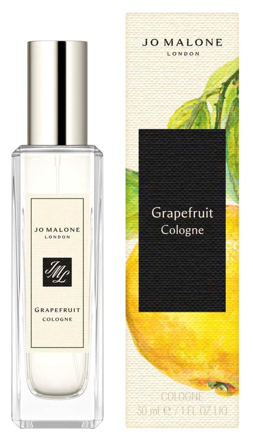 En parfyllflaska märkt Jo Malone Grapefruit Cologne med en box som visar en grapefrukt och gröna blad.