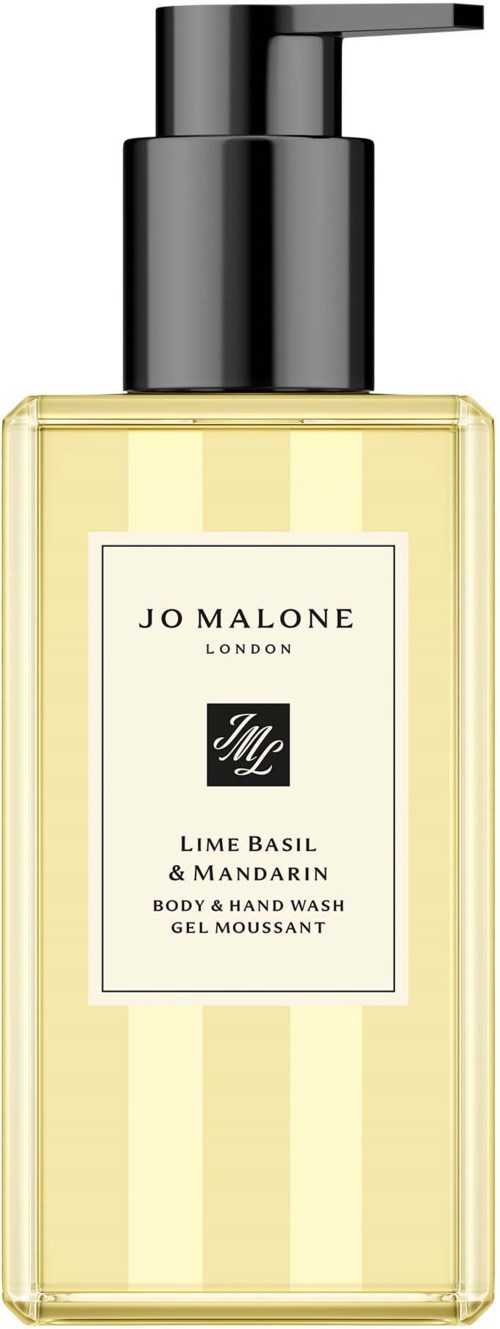 Selkeä pullo, jossa musta pumpullinen, nimellä 'Jo Malone London Lime Basil & Mandarin' vartalo- ja käsisaippua.