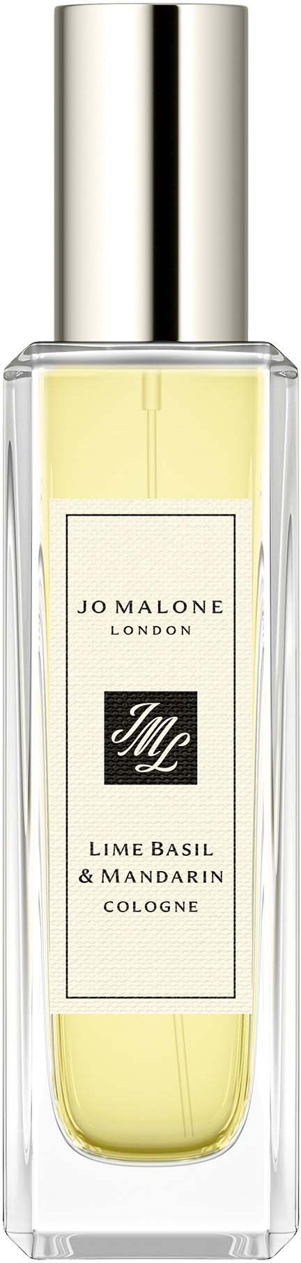 Valkoinen korkillinen pullo, sisältää vaaleankeltaista nestettä. Merkitty 'Jo Malone London Lime Basil & Mandarin Cologne.'