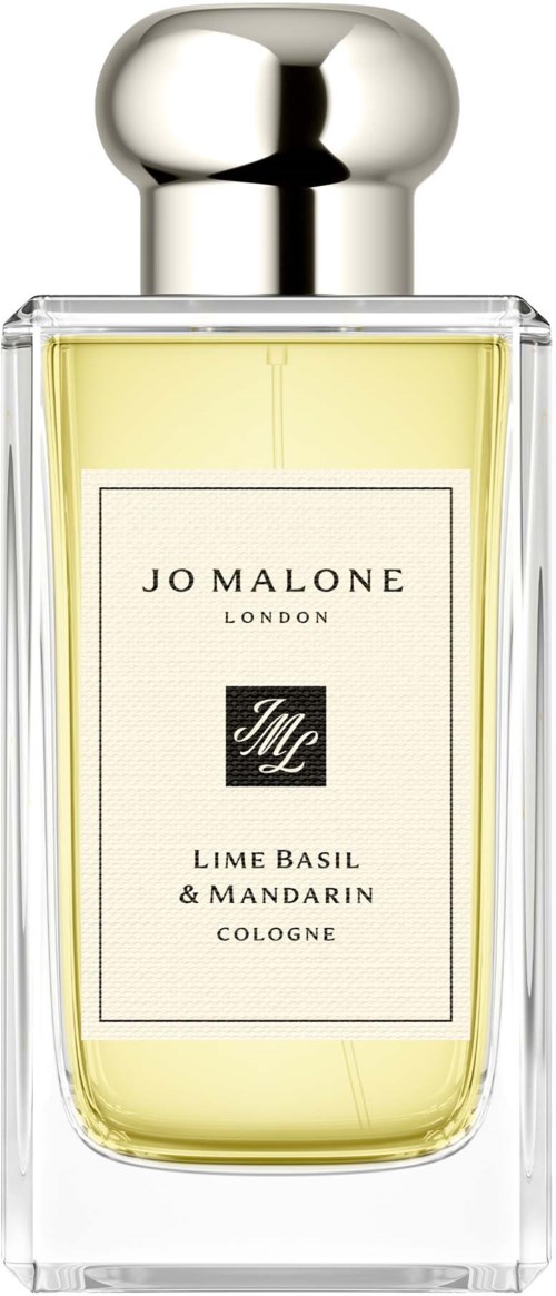 En tydlig parfymflaska med silverlock, innehållande gulaktig parfym märkt Lime Basil & Mandarin.