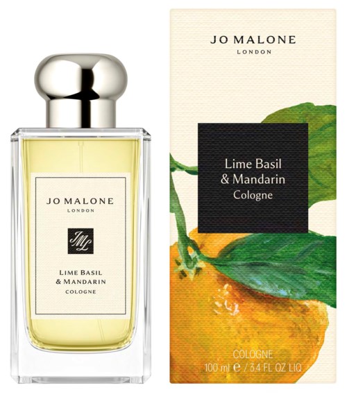 En Jo Malone-parfymflaska med gröna och gula citrusillustrationer på förpackningen.
