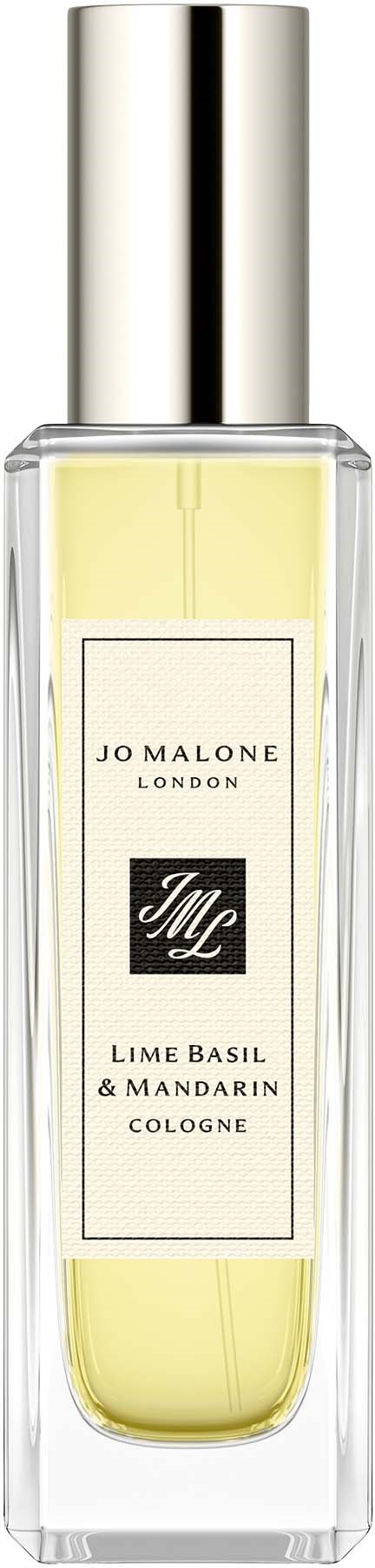 En klar glasflaska med gul vätska, silverlock, och en vit etikett med texten Jo Malone Lime Basil & Mandarin Cologne.