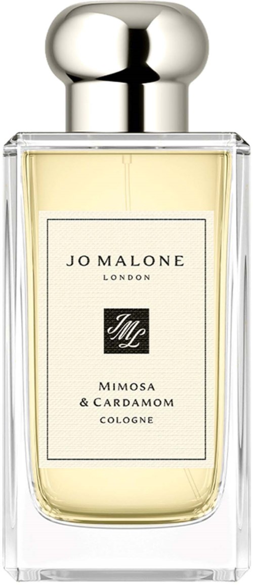 Kirkas lasipullo Jo Malone -tuoksulle, hopeakorkki. Merkkilapussa lukee Mimosa & Cardamom.