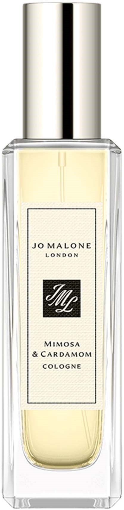 Läpinäkyvä lasipullo hopeisella kannella, sisältää vaaleankeltaista colognea, nimeltä Jo Malone, mimosa ja kardemumma.