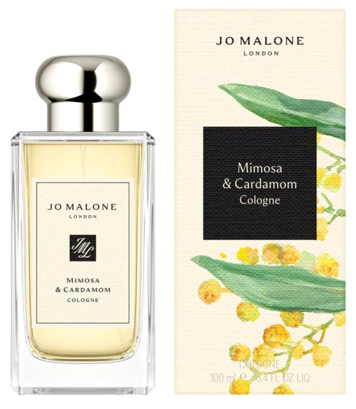 Jo Malone Mimosa och Cardamom Cologne flaska och förpackning med gröna blad och gula blommor design.