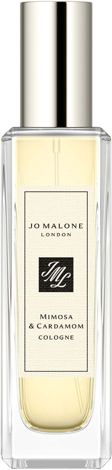 En tydlig glasflaska med Jo Malone London cologne med silverlock och vit etikett.
