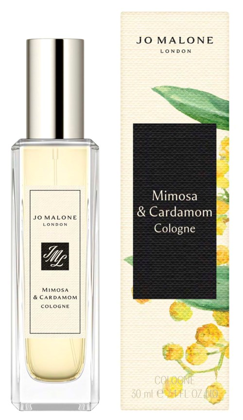 En parfönflaska och box med gula och gröna blommönster, märkt Jo Malone Mimosa & Cardamom Cologne.