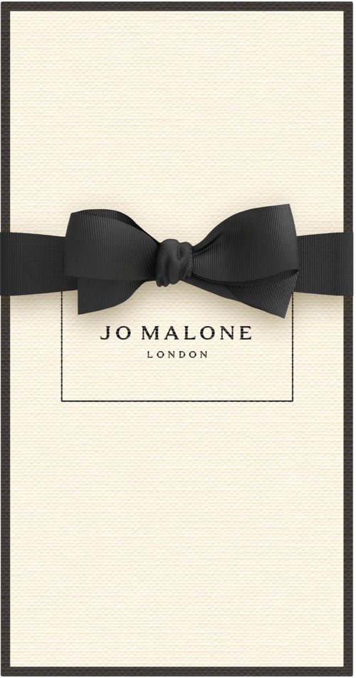 Valkoinen lahjapakkaus, jossa on musta nauha ja rusetti, teksti "Jo Malone London".