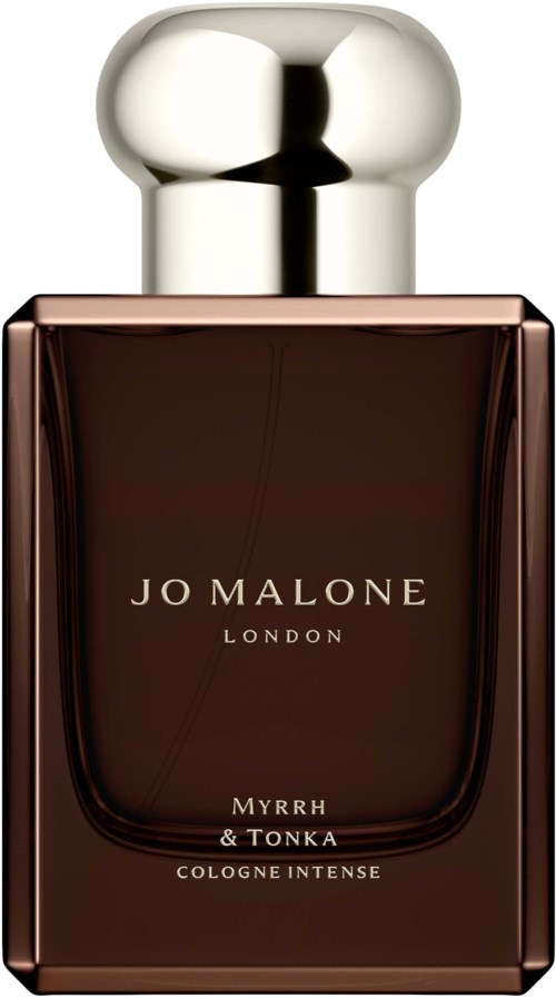 A dark brown perfume bottle with a silver cap and white text, labeled Jo Malone London Myrrh & Tonka Cologne Intense.
