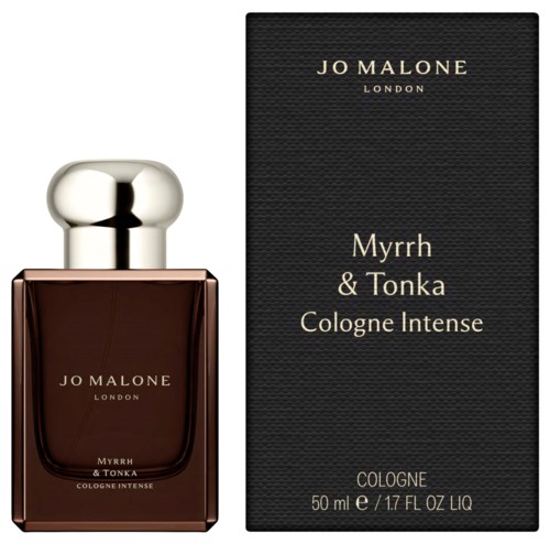 A perfume bottle and box for Jo Malone Myrrh & Tonka Cologne Intense, dark brown liquid inside, black box.