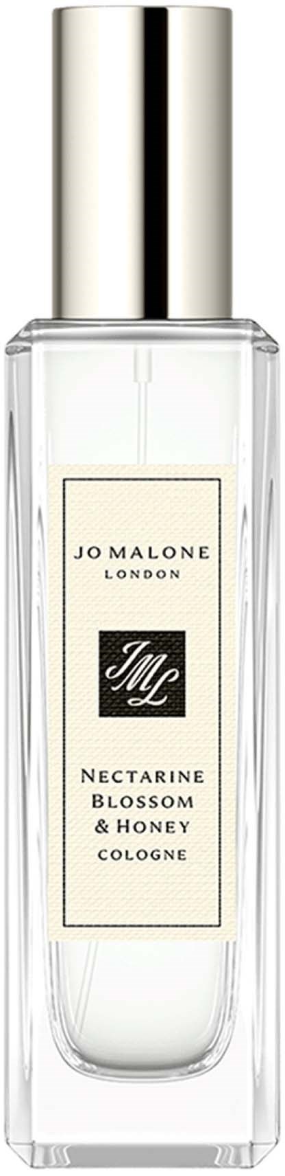 Läpinäkyvä lasipullo, jossa on hopeainen korkki, merkintä 'Jo Malone London' ja 'Nectarine Blossom & Honey Cologne.'