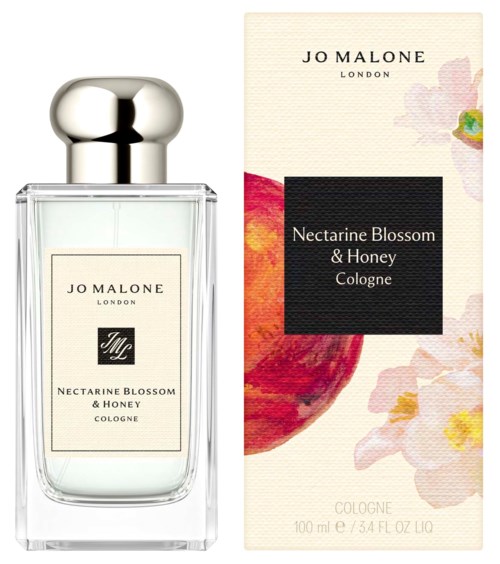 En parfyllflaska och box märkt Jo Malone Nectarine Blossom & Honey Cologne med blommönster.