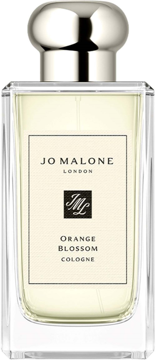 Hajusteiden pullo, jonka muoto on suorakulmainen, kansi hopea ja etiketti jossa lukee Jo Malone Orange Blossom.