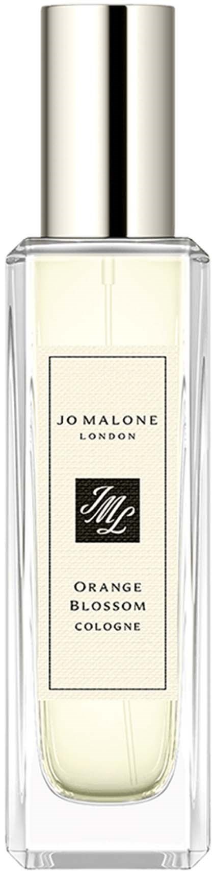 Läpinäkyvä pullo, hopeinen korkki ja valkoinen etiketti Jo Malone London appelsiininkukk cologneille.