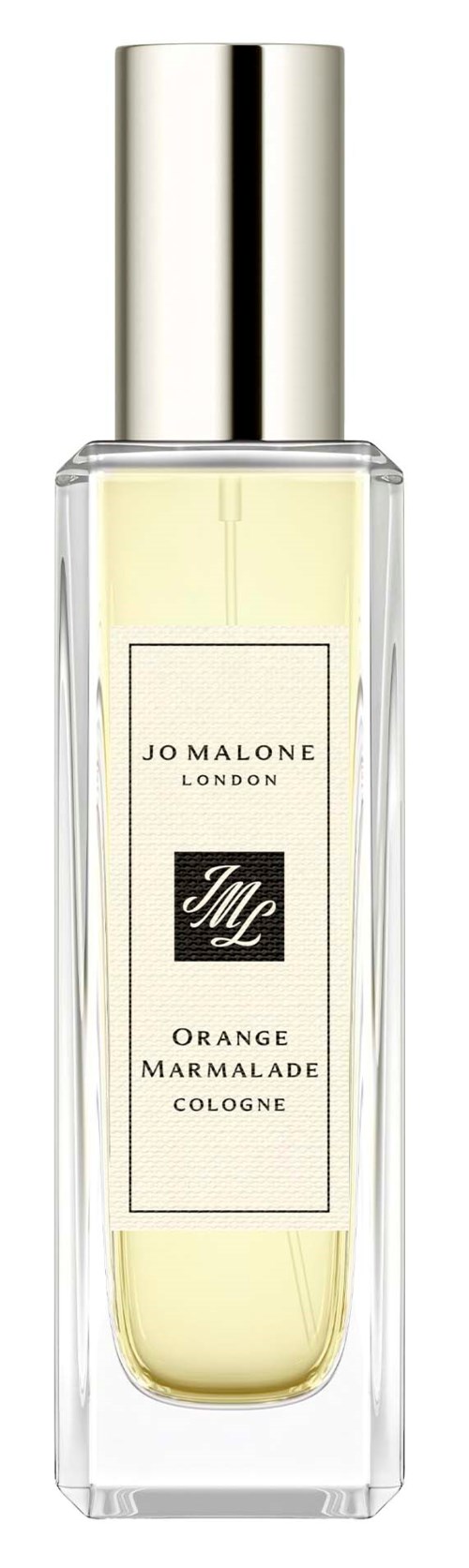 En klar glasflaska med silverlock, som innehåller gul-orange vätska, märkt Jo Malone London Orange Marmalade Cologne.