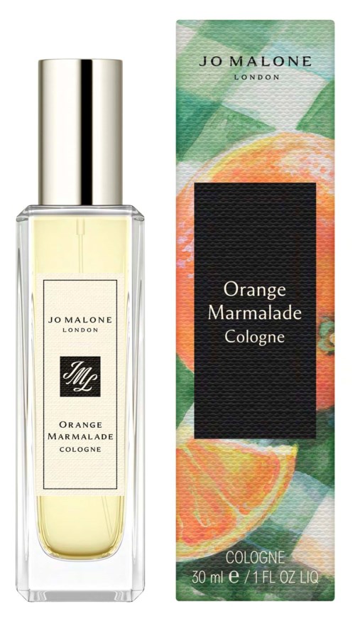 En parfyllflaska och box med apelsinillustrationer och gröna blad, märkt Orange Marmalade Cologne av Jo Malone London.