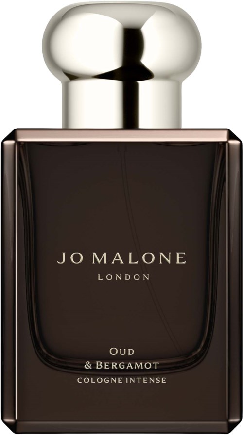 Tumma parfymapullo, jossa kiiltävä hopeanvärinen kansi ja yksinkertinen valkoinen teksti "Jo Malone London".