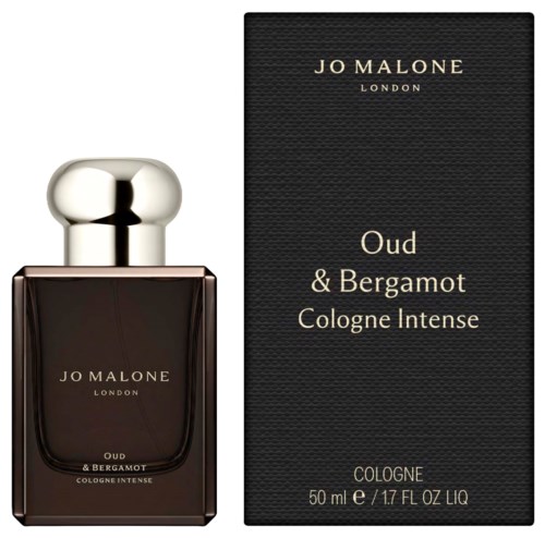 A perfume bottle and box for Jo Malone Oud & Bergamot Cologne Intense, dark bottle with gold lettering, elegant packaging.