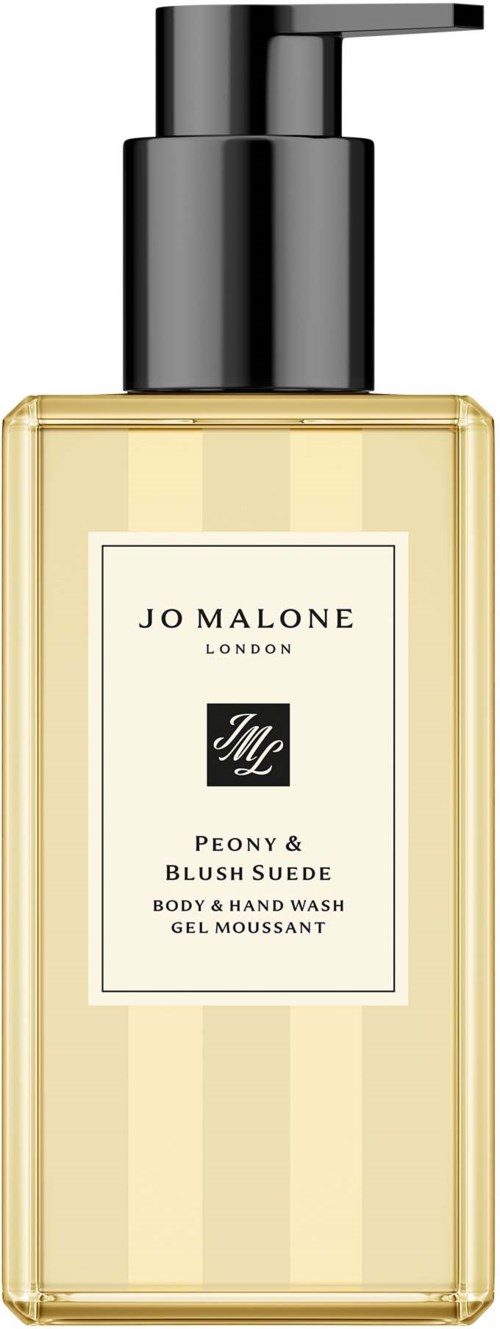 Läpinäkyvä pullo mustalla pumppulla, merkiltään Jo Malone Peony ja Blush Suede vartalonpesu.