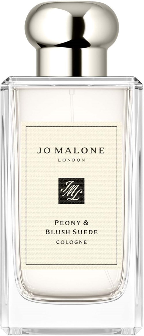 Läpinäkyvä hajuvesipullo, jonka kansi on hopea, etiketti 'Jo Malone London Peony & Blush Suede Cologne.'