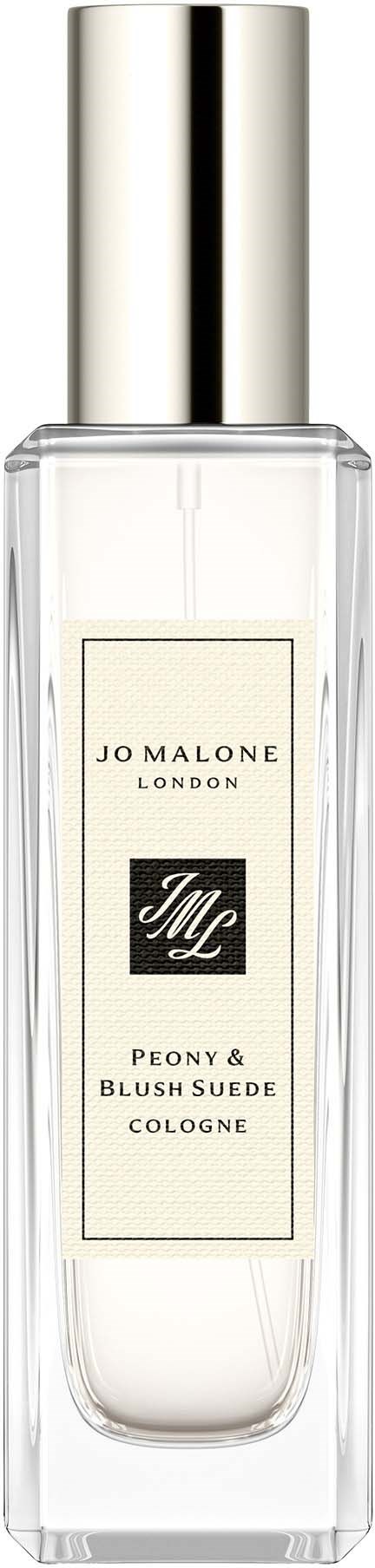 Läpinäkyvä lasipullo, jossa on hopeainen suihkepäällystetty, merkitty Jo Malone London Peony & Blush Suede Cologne.