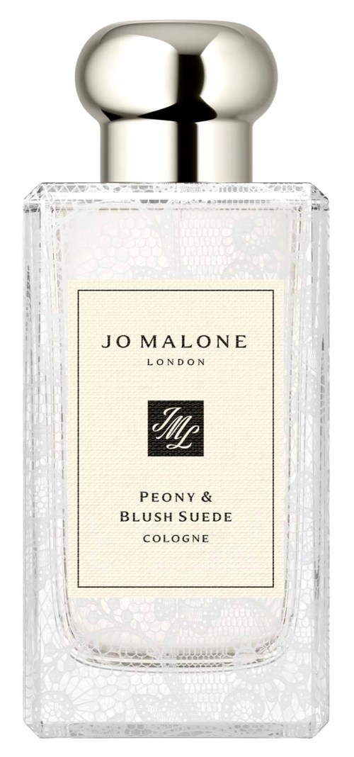 En tydlig parfyllflaska med en silverkork och en etikett som gör det tydligt att parfymen är Jo Malone Peony and Blush Suede Cologne.
