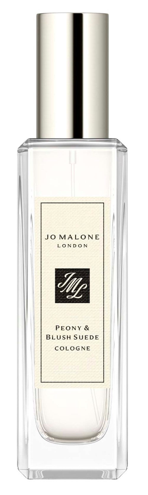En klar parfymflaska i glas med en silverhätta och en vit etikett som säger Jo Malone Peony and Blush Suede Cologne.