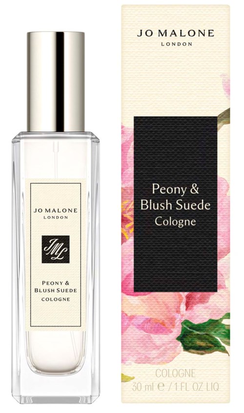 En Jo Malone-parfymflaska med en blommig låda, märkt Peony and Blush Suede Cologne, 30 ml, elegant design.