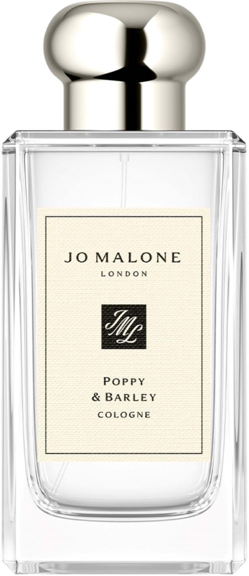 Selkeä lasipullo, jossa on hopeinen korkki, merkki 'Jo Malone Poppy & Barley'.