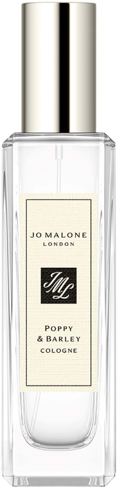 Läpinäkyvä hajuvesipullo, jossa on hopeinen korkki, merkkilappu 'Jo Malone London Poppy & Barley Cologne.'