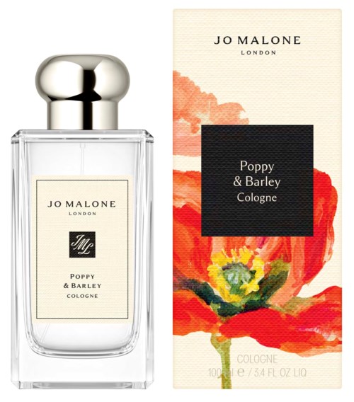 En parfymflaska och box för Jo Malone Poppy & Barley cologne med blommor.
