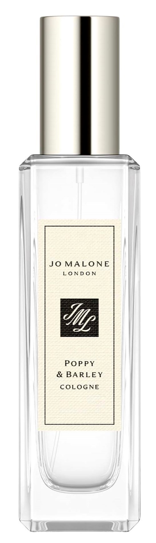 En klar glassflaska med silverlock, märkt Jo Malone London Poppy & Barley Cologne.