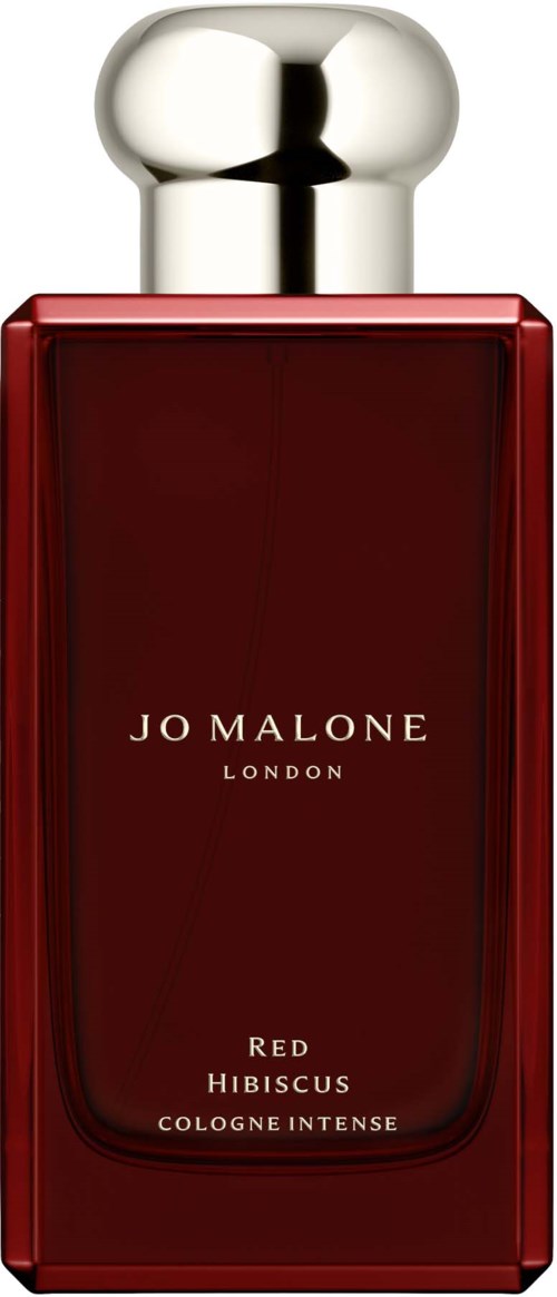 Punainen hajuvesilasi, metallikorkki, etiketti Jo Malone London, Red Hibiscus, Cologne Intense.